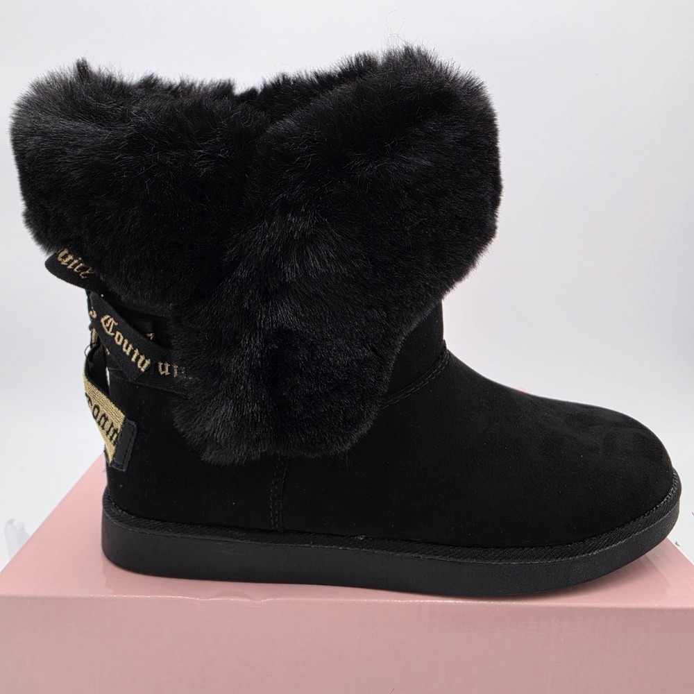 Juicy Couture KING 2 Black Faux Fur Trim Winter Boots Women 6 Ribbon Back NEW